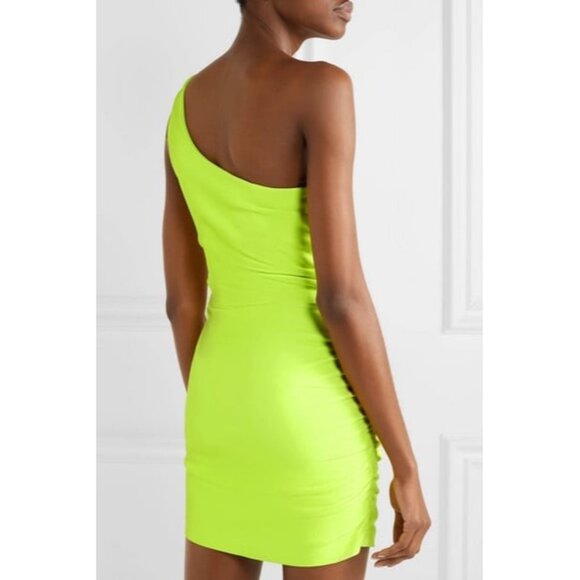 SPRWMN Los Angeles One Shoulder Ruched Neon Leather Mini Dress - Picture 2 of 8